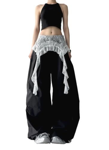 Y2k Vintage Cute Lace Patchwork Letter Print Cargo Pants Hiphop Wide Leg Joggers Preppy Sweet Loose Casual Trousers