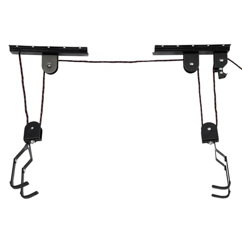 Elevador de bicicletas para garaje, sistema de elevación de techo, montaje en techo, placas colgantes, elevador de bicicleta, capacidad de carga de 60 kg, longitud de los ganchos, 17 cm, color negro