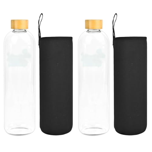 Botella de Agua Cristal con Tapón de Bambú Botella Vidrio Borosilicato Ecológica Reciclable Reutilizable Libre de Tóxicos sin BPA (2 x Botella sin lema + Funda negra, 1500ml)