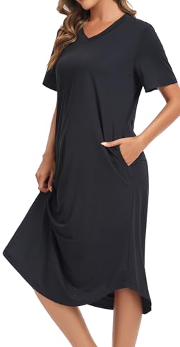 Image of Kabento Nightgowns for Women Cotton Short Sleeve Long Night Gowns with Pockets
