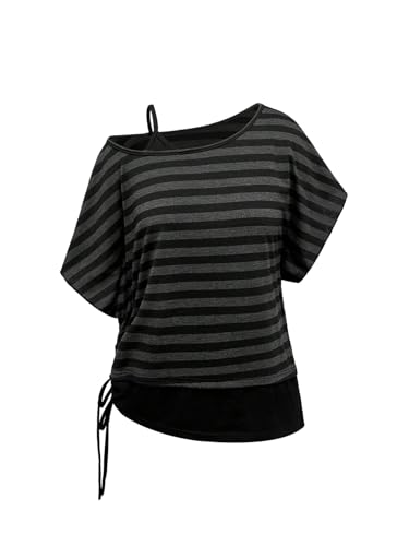 SHENHE Women's Oversized Gothic Grunge T Shirt Off Shoulder Striped Dolman Sleeve Y2k Tee Shirt