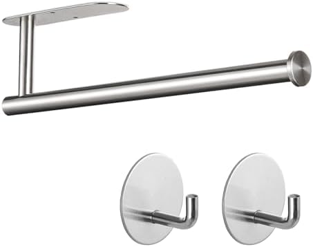 Paper Towel Holder with 2 Hooks-Under Cabinet Paper Towel Holder for Kitchen, Self-Adhesive or Screws, Space Saving Wall Mounted Kitchen Roll Holder, Bathroom, Stainless Steel Brushed Nickel