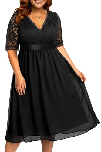 Image of Pinup Fashion Plus Size Lace Chiffon Wrap V Neck Dresses Women Cocktail Wedding Guest Midi Dress