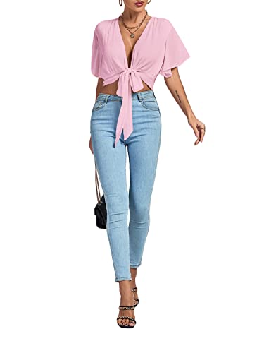 Image of LYANER Women's Sexy Deep V Neck Tie Front Wrap Cropped Blouse Bell Short Sleeve Ruffle Crop Tops