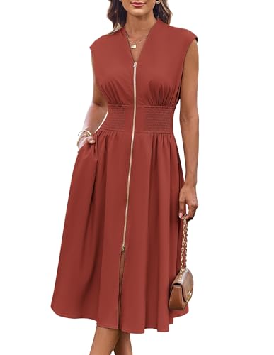 Image of GRACE KARIN Womens Summer Casual Dress, Business Office Work Flowy Dresses | Cap Sleeve, Zipper Front, V Neck, Smocked Waist, Knee Length, Sleeveless, High Waist, Flowy Work,Causal, Midi