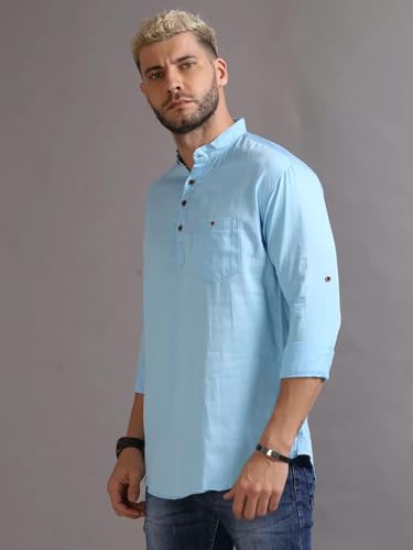 Image of DEEMOON Men's Cotton Blend Full Sleeve Short Kurta with Mandarin Collar Crafted from a Premium Cotton Blend