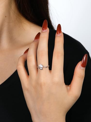 D Color VVS1 Clarity Moissanite Wave Open Ring for Women, Solid 925 Sterling Silver with Rhodium Plated, Wedding Anniversaries Valentines Jewelry, Size 5-112