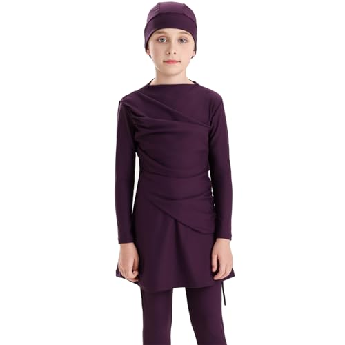 Image of Muslim Swimsuits for Girls Modest Swimwear Full Cover Hijab Burkini Islamic Top Pants Cap 3PCS Rash Guard Sets