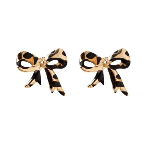 Leopard Print Bow Chunky Stud Earrings for Women Dainty Elegant Gold Plated Ribbon Studs Hypoallergenic Fashion Trendy Unique Jewelry for Her Bff