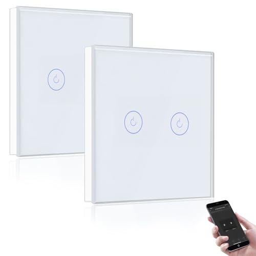 BSEED Interruttore WIFI 2 Gang 2 Vie Interruttore Smart Compatibile con Google Home e Amazon Alexa, Interruttore a Parete a Sfioramento Bianco 2 Pezzi(Richiesto la Linea Neutra)