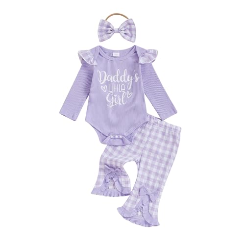 Image of Ursobutegl Newborn Baby Girls Outfits Daddy's Little Girl Romper Jumpsuit Bodysuit Plaid Flare Pants Set Fall Winter Clothes