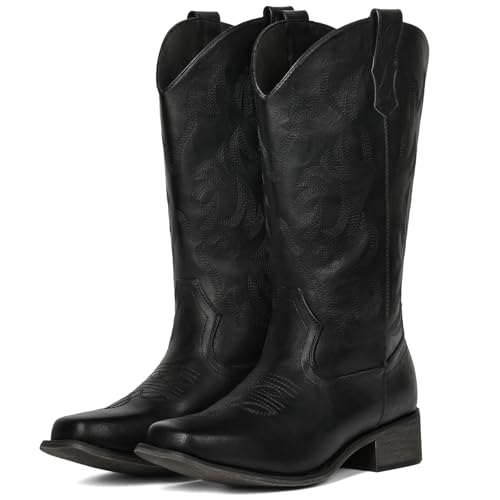 Image of IUV Cowboy Boots For Women Square Toe Wide Mid Calf Western Pull On Suede Fashion Black Brown Cowgirl Boots