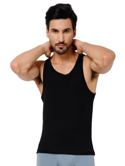 OXYZONE Men's Cotton Vest - Supima Cotton, Anti-Bacterial, Quick Dry, Ultra Soft, Regular Fit, Black Sleeveless Vest for Men - L Size