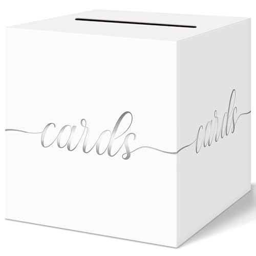 QIKSION White Wedding Card Box, Silver Foil Gift Card Box for Party, Wedding Reception, Graduation, Birthday, Baby Shower, Raffle