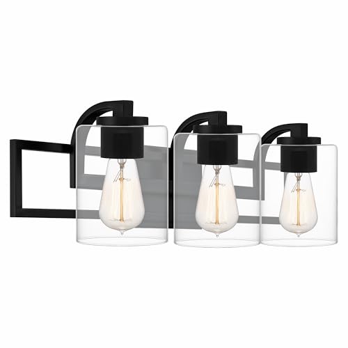 Image of Quoizel Lansdowne Modern Bath Vanity Lights, 24 Inch 3-Light Matte Black Lighting Fixtures Over Mirror, Clear Glass Shade, 100W, Decorative Wall Light for Bathroom, Dresser, Kitchen or Hallway