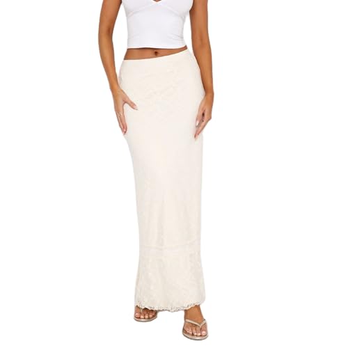 Women Y2k Lace Maxi Skirts Elastic Waist Floral Lace Flowy Long Skirts Sheer See Through Ruffle Layered Skirts