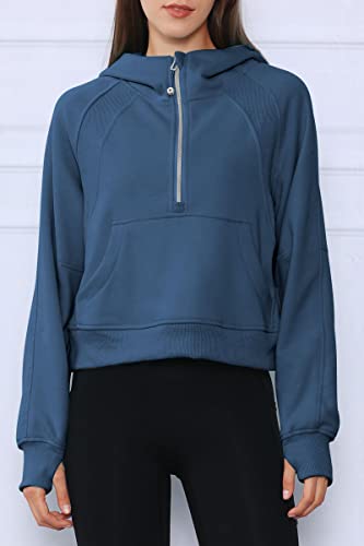 Efan Women Cropped Hoodies Fleece Half Zip Pullover Trendy Oversized Sweatshirts Quarter Zip Up Sweater Hooded Winter Clothes With Pocket Blue #TOP1