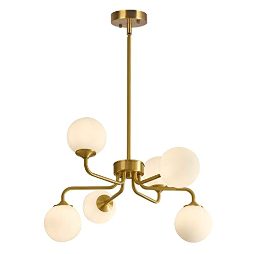 Lustre spoutnik doré à 6 globes en verre dépoli pour salon chic
