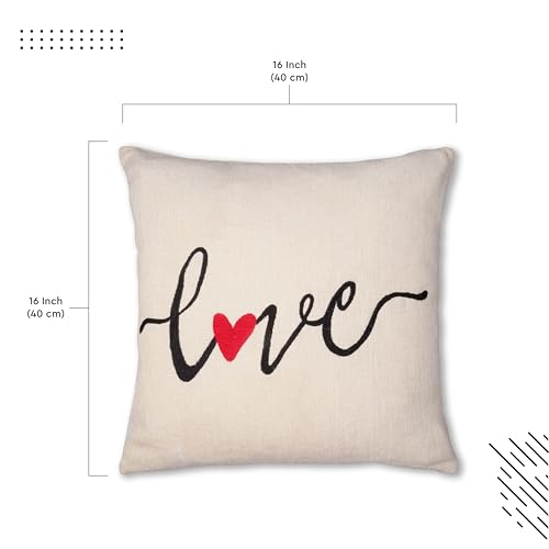 Image of Encasa XO Embroidered Chenille Cushion Cover of Size 40x40 cm Love - Natural | Soft Decorative Throw Pillow Cover for Sofa & Bed | Romantic Valentine Day Gift for Girlfriend, Wife, Husband, Boyfriend