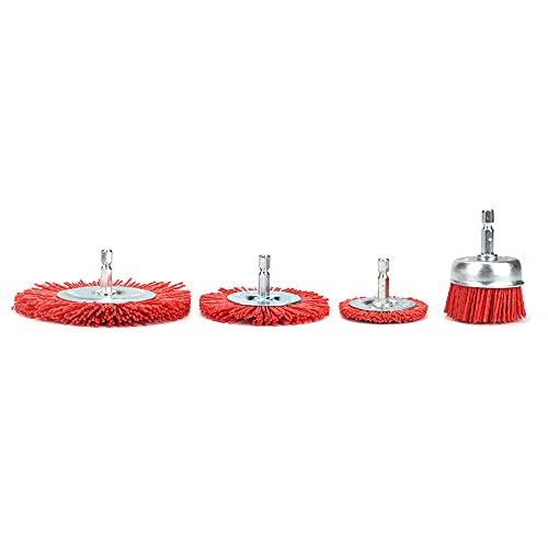 Image of 4 Pack Nylon Filament Abrasive Wire Brush Polishing Wheel with 1 /4 inch Hex Shank Surface Cleaning Rust Removal Red 120#