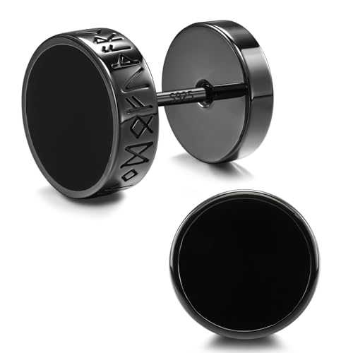 FEEL STYLE 925 Sterling Silver Viking Rune Stud Earrings for Men Women Natural Black Onyx Flat Back Stud Earrings Hypoallergenic