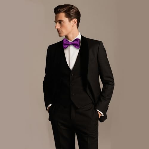Image of DiBanGu Solid Color Bow Ties for Men Formal Satin Self Tied Bowtie with Lapel Pin Pocket Square Cufflinks for Wedding Party