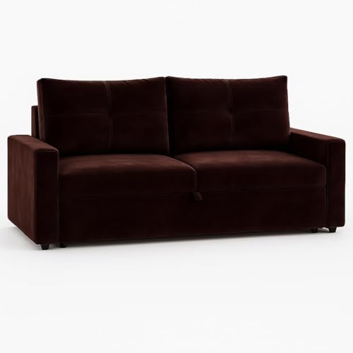 Image of FURNY Soria 2 Seater Pull-Out Premium Fabric Velvet Sofa Cum Bed Sofa Set for Living Room (Dark Brown) Premium Finish | Ideal for Living Rooms, Bedrooms