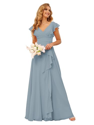 TIRAS V Neck Ruched Ruffle Bridesmaid Dresses Dusty Blue Long for Women A-Line Empire Waist Chiffon Bridesmaid Dress 12