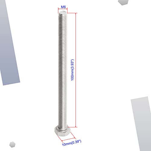 Image of M6 x 100mm Hex Head Bolts Screws Grade 6.8 Stainless Steel, Fasteners Fully Machine Threaded SUS304 15 Pcs