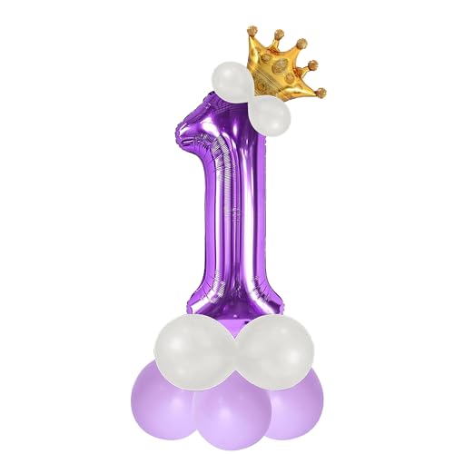Image of Purple 1 Number Foil Balloon with Crown & Base Balloons | 32 Inch Helium Supported for Birthday, Anniversary, Baby Shower Decoration - Pack of 14