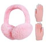 BEARAE Winter Ear Muffs Gloves Set, Fuax Fur Earmuffs with Glove, Foldable Fluffy Ear Warmer Muff for 7-12T Kids Girls Boys (Pink)