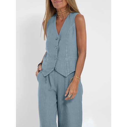 Women's Vest Sets Cotton Linen 2 Piece Set Sleeveless Button down Vest and Wide Leg Suit Pants with Pockets2