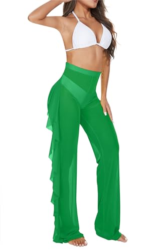 Image of Jumppmile Women's Ruffle Sheer Mesh Swimwear Bikini Cover Up Pants See Through