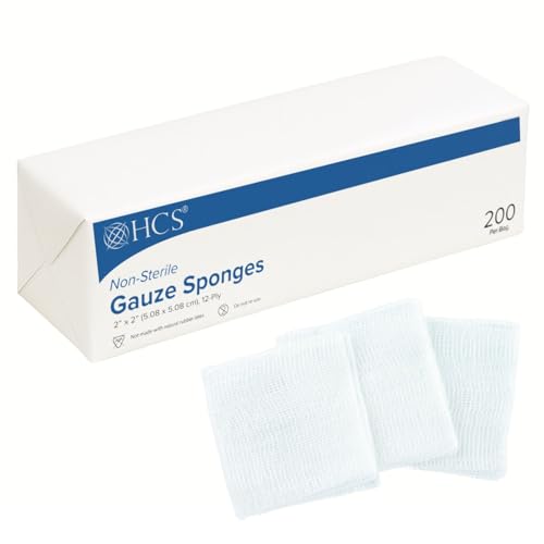 HCS - Esponjas de gasa 2x2, tejidas, no estériles, 12 capas (paquete de 200 unidades) - 100% algodón, absorbente, diseño de baja pelusa - Almohadillas de gasa médicas - Cuidado de heridas, primeros