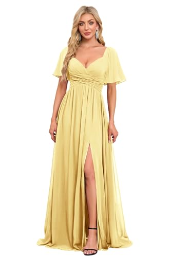 Image of Women's Flutter Sleeves Chiffon Bridesmaid Dresses with Slit Long A Line V-Neck Formal Party Dress with Pockets