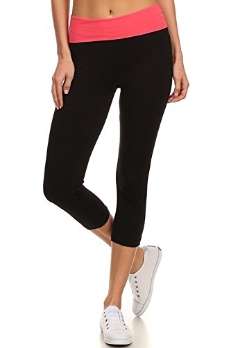 MOPAS Yoga Capri with Fold Over Solid Waistband Coral L