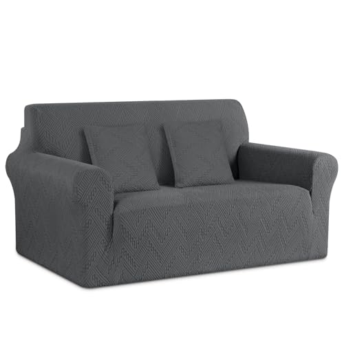Ruaozz Stretch Loveseat Sofa Cover 1 Piece Couch Covers for 2 Cushion Couch Non Slip Loveseat Slipcover Soft Jacquard Furniture Protector with 2 pcs Throw Pillow Covers (2 Seater, Dark Gray)