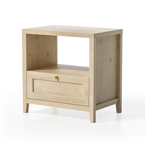Image of EYYTHUNG Wooden Nightstands with Drawer Modern 24 inch Wide End Table Night Stand Large Farmhouse Bedside Table with Open Shelf Mid Century Night Stands for Sofa, Light Oak