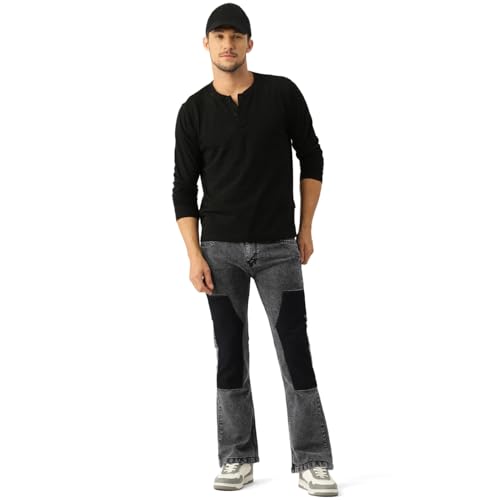 Image of PARIS HAMILTON Men Bootcut Fit Carpenter Style Color Blocked Bellbottom Heavy Fade Charcoal Grey Stretchable Denim Jeans 28 inch