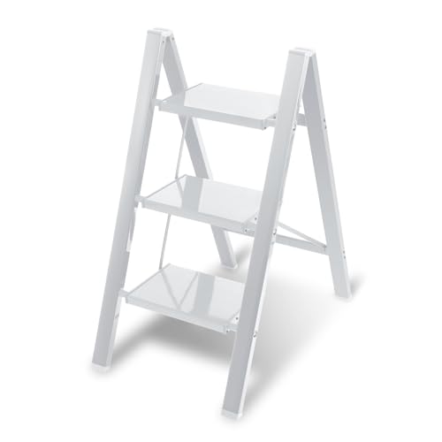 Joparri Escalera plegable de aluminio de 3 peldaños, escalera antideslizante, escalera portátil para el hogar, cocina, hogar, oficina, soporta hasta 150 kg, color blanco