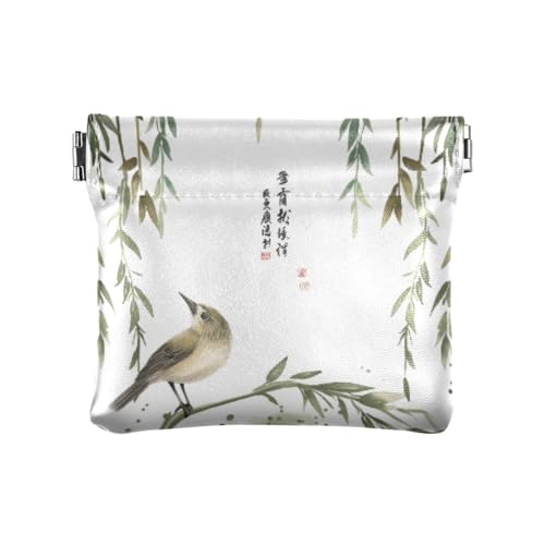 Green Willow Bird cinese stile PU portamonete portatile mini portafoglio per le donne uccello salice 1 size Stampa artistica donna classico verde pelle