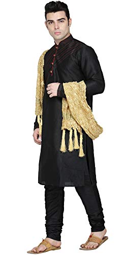 Skavij Men's Art Silk Kurta Pajama And Scarf Festivals Season Ethnic Party Dress Suit (Large, Black) #TOP4