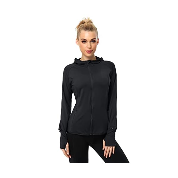 COOrun Workout Jacket Women Full Zip Hoodie Sportswear Athletic Running Track Jacket With Watch Thumb Hole Black-M