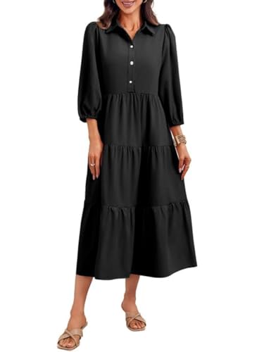 Image of Wenrine Womens Casual 3 /4 Sleeve Shirt Dress Button Down V Neck Tiered Collared Flowy Maxi Dress