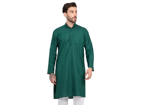 Image of Men's Cotton Blend Blend Knee Length Solid Color Style Stright Long Mandrin Collor Ethnic Casual Wear Kurta Only