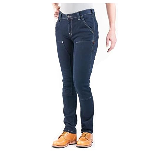 Calça de trabalho feminina Dovetail | The Maven| Calça cargo slim fit – Disponível em lona elástica durável ou jeans, Powerflex Indigo Denim, 18