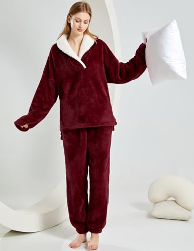 Fenclushy Women's Fluffy Loungewear Sleepwear Lounge Casual Pajamas Sets Loose Long Sleeve Fleece Pullover and Pants Set(01Red,S) - image 7