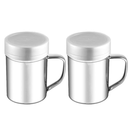 HSLPSM 2 Stück Puderzuckerstreuer Puderzuckerstreue mit Griff Kakaostreuer für Cappuccino Mehlstreuer mit deckel Edelstahl Kakao Streuer Cappuccino Kaffee Salz Zucker Kakao Schokolade