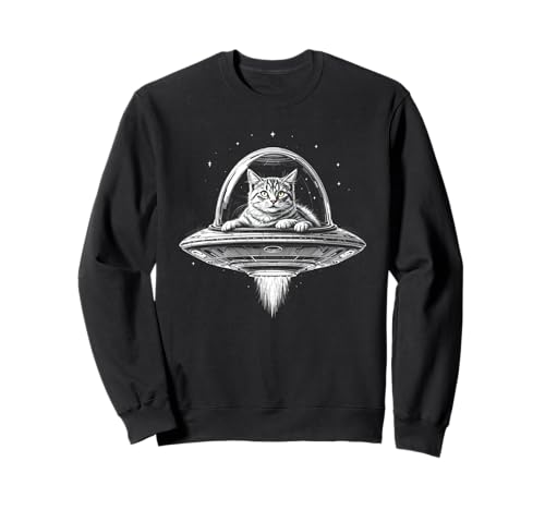 Gato divertido en un ovni, Alien Trendy Space Hipster Meme Negro Sudadera