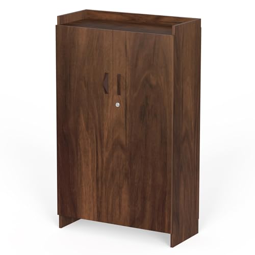 Image of BLUEWUD Brooklyn Tall Engineered Wood 2 Doors with Lock Shoe Rack Cabinet Slipper Footwear Stand Organizer can Store Up to 24 Pairs for Home, DIY (Do it Yourself) (Brown Maple) (Size Upto UK 9)